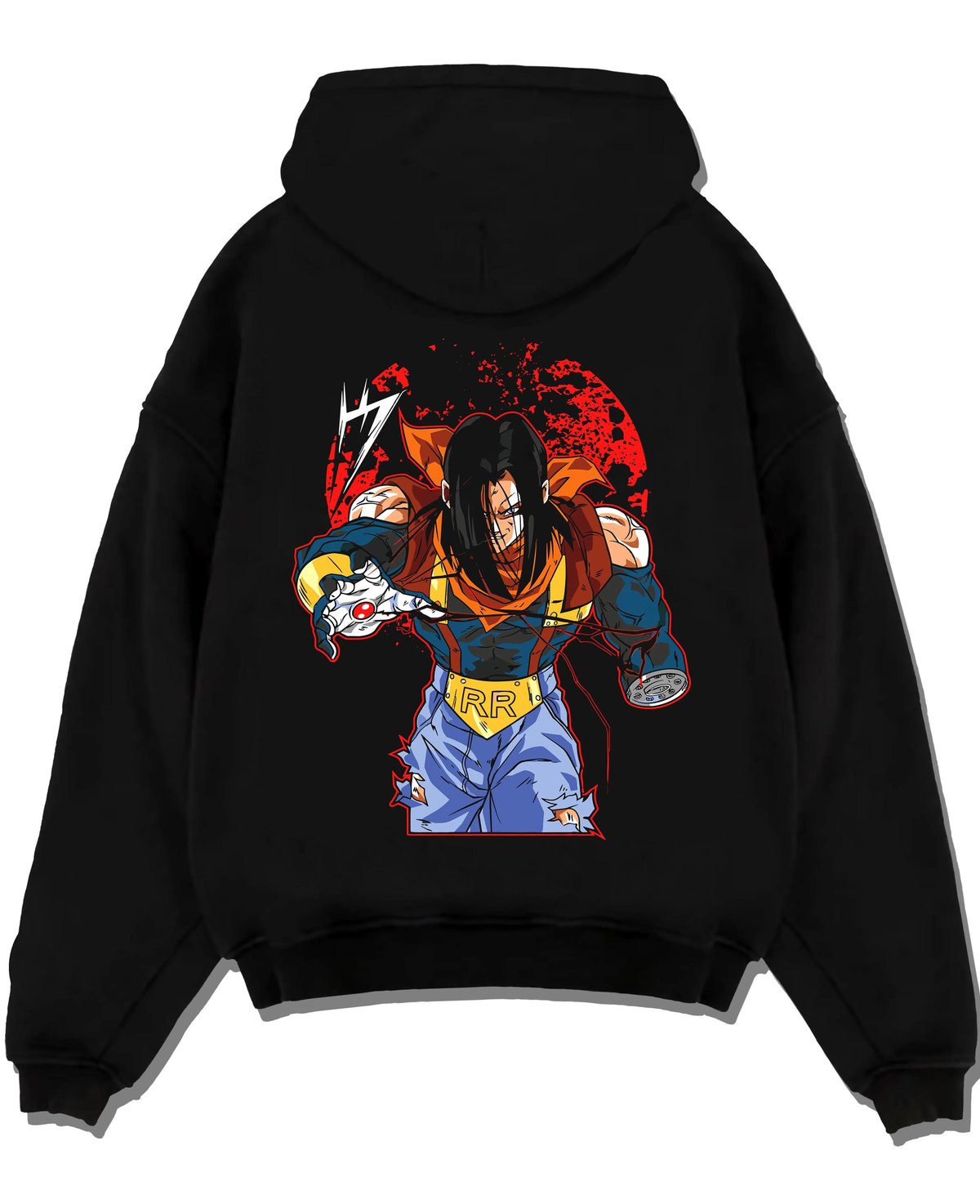 Black hoodie laid flat featuring Android 17 Dragon Ball GT battle artwork.