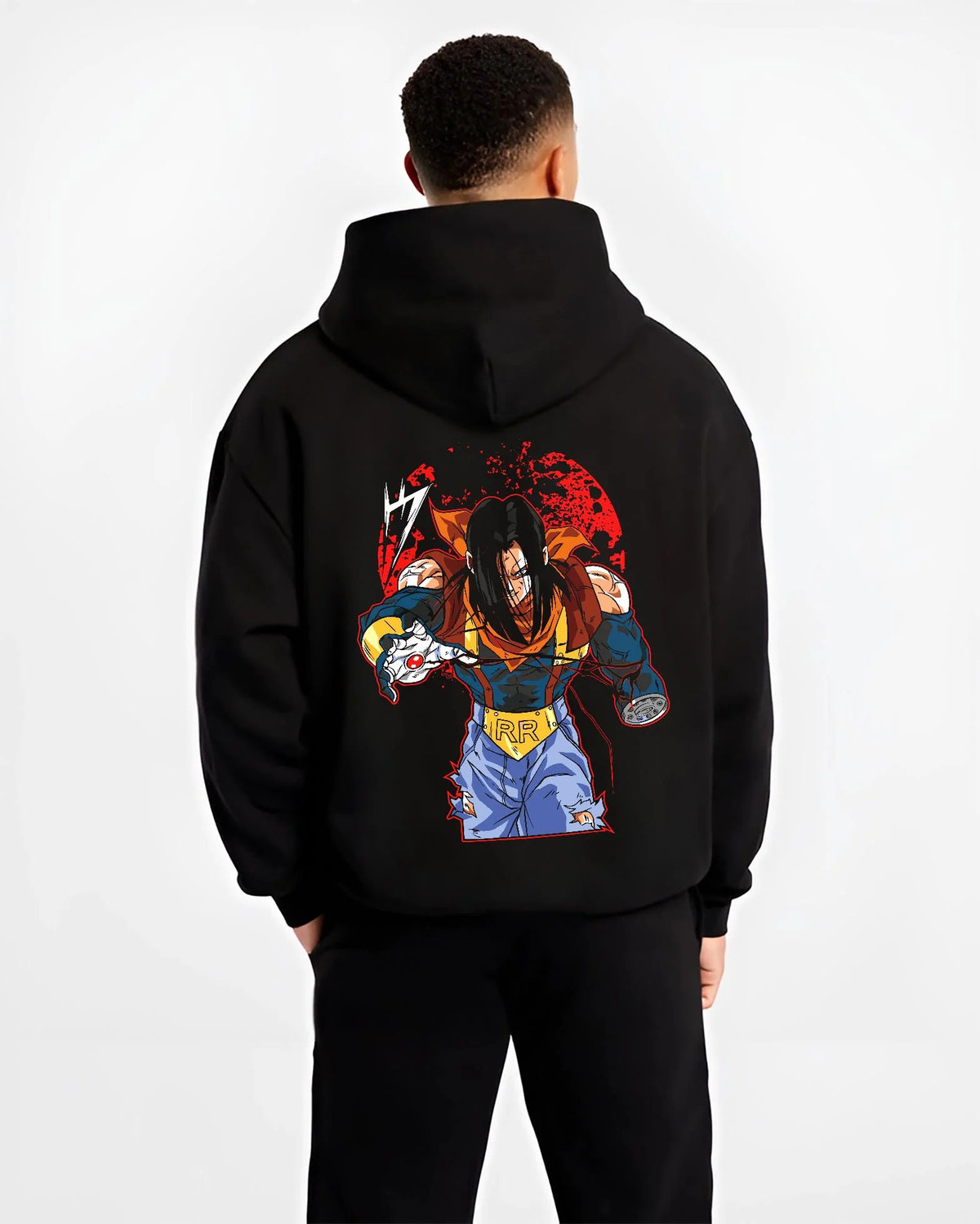 Black hoodie worn by male model from the back featuring Android 17 Dragon Ball GT battle artwork.