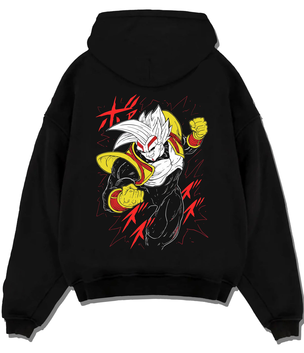 Black hoodie flat back view with Super Baby 2 (Baby Vegeta form) from Dragon Ball illustrated back graphic