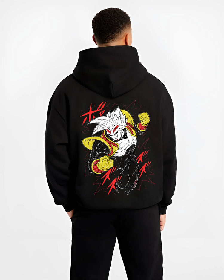 Black hoodie model back view with Super Baby 2 (Baby Vegeta form) from Dragon Ball illustrated back graphic