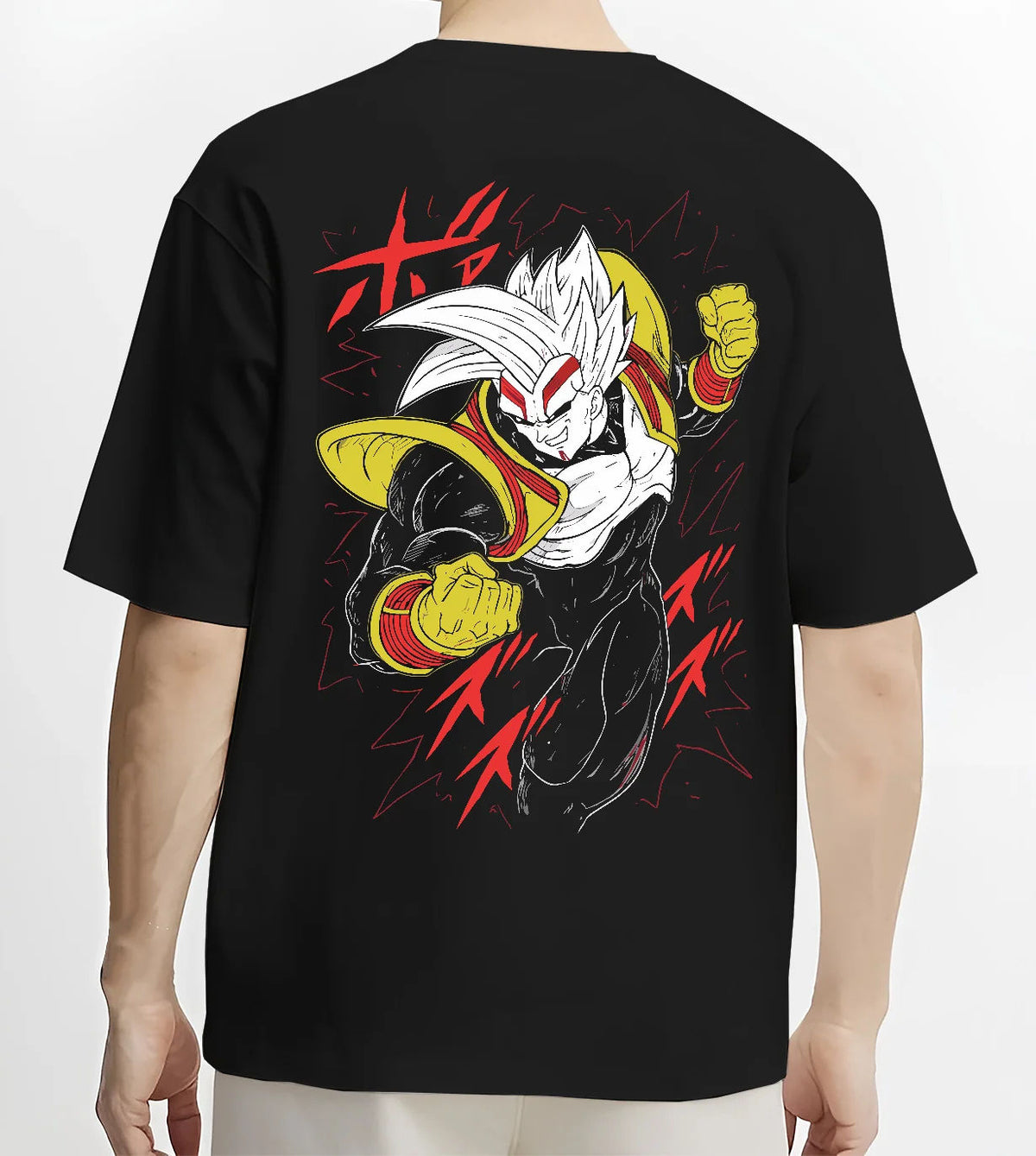Black T-shirt model back view with Super Baby 2 (Baby Vegeta form) from Dragon Ball illustrated back graphic