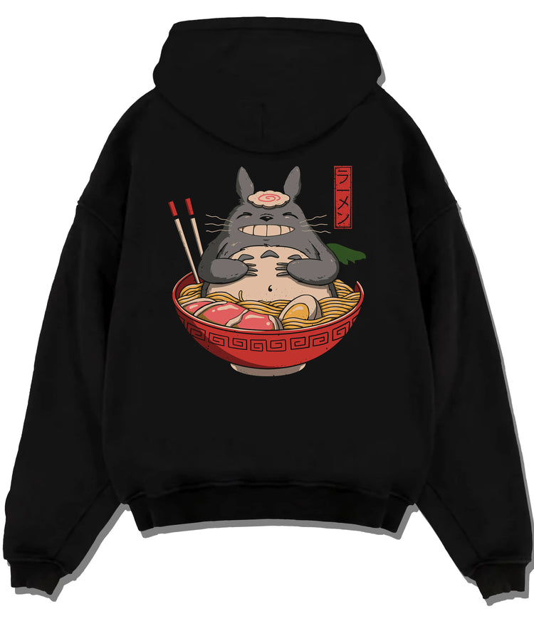 Totoro from My Neighbor Totoro sitting in a bowl of ramen on flat back hoodie design