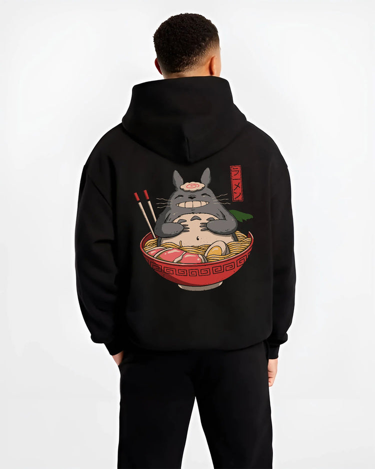 Totoro from My Neighbor Totoro sitting in a bowl of ramen on hoodie model back view
