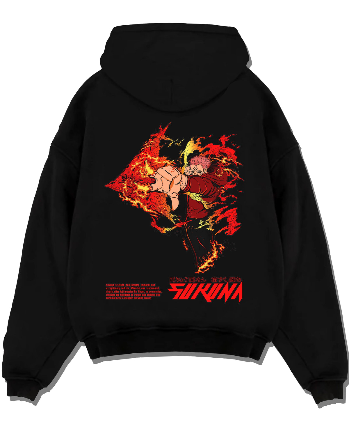 Black pullover hoodie laid flat with Ryomen Sukuna fiery flame arrow
