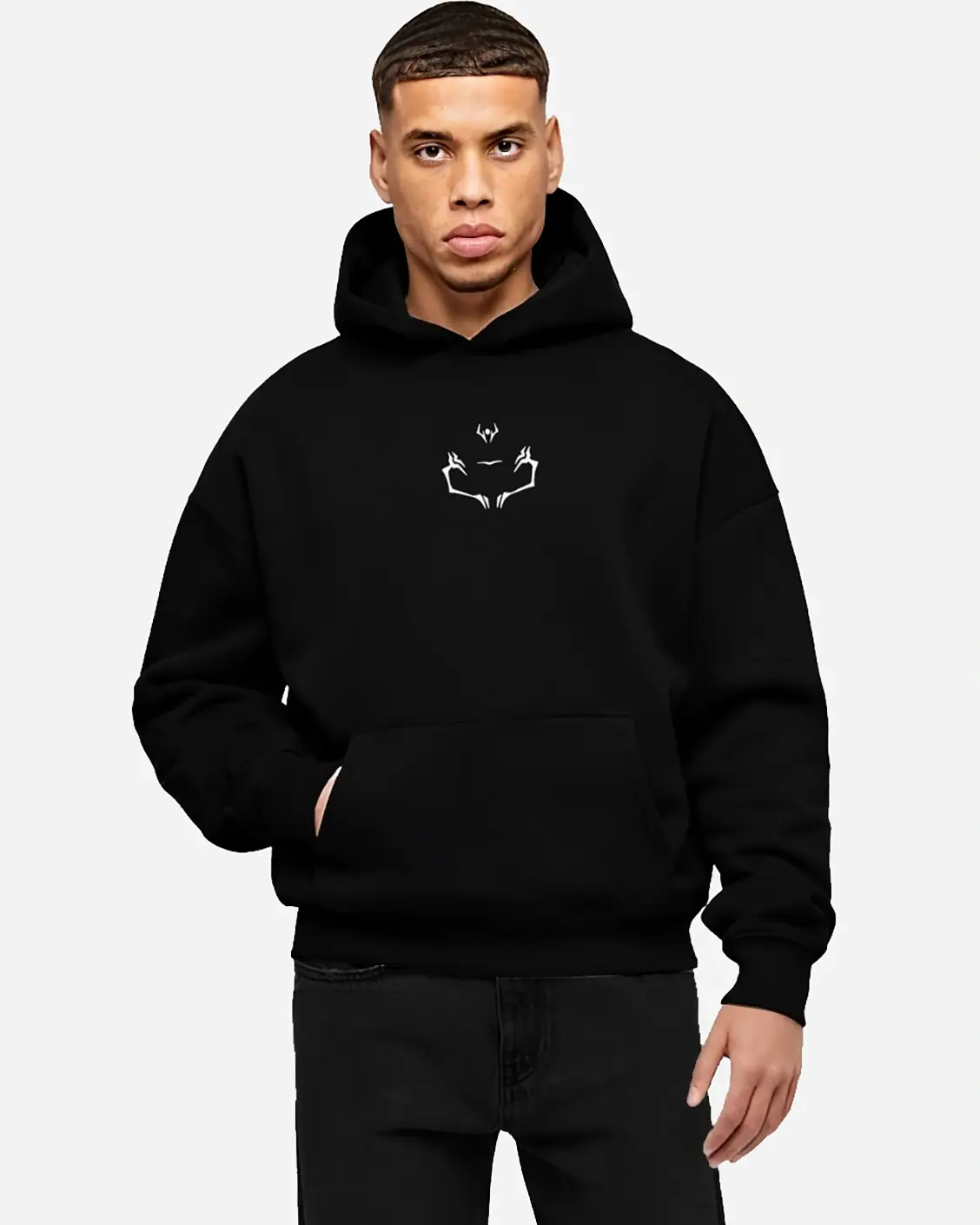 Male model wearing black Jujutsu Kaisen Sukuna hoodie with fiery cursed energy artwork, Kunai anime clothing inspired by Ryomen Sukuna’s domain expansion.