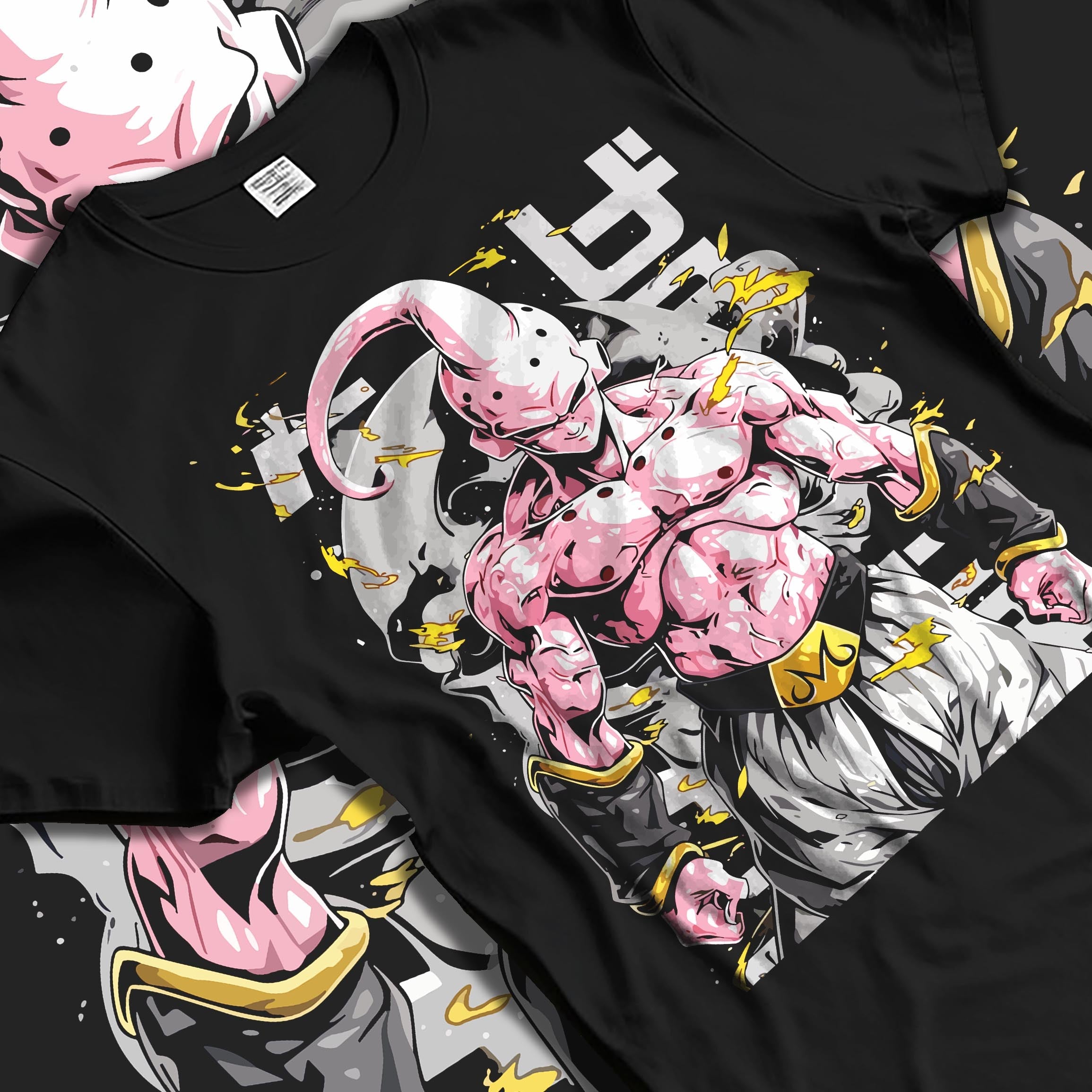 Black T-shirt laid flat with natural fabric folds, featuring Dragon Ball Majin Buu shonen battle character artwork in anime poster inspired design with bold retro manga vibe.