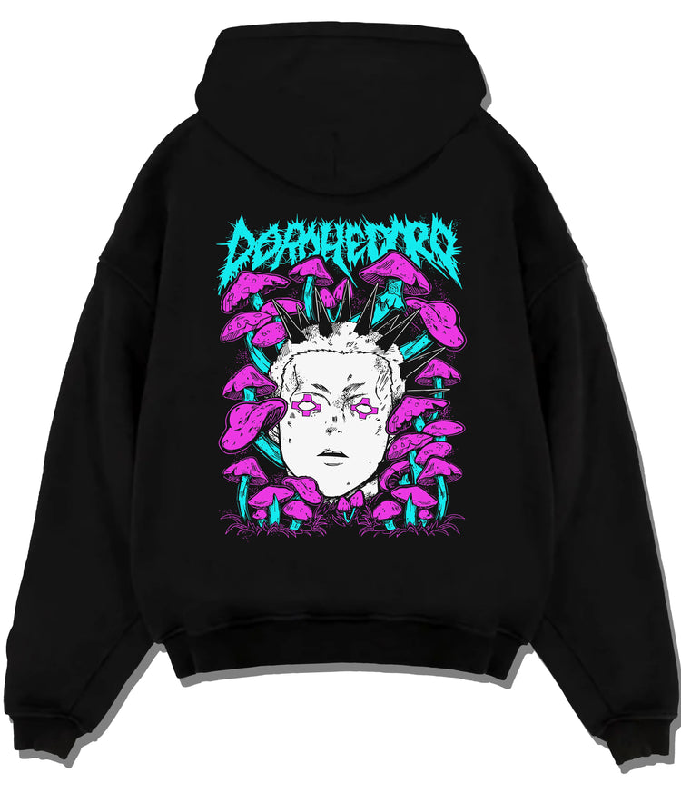 Black hoodie flat back view showing Dorohedoro: pale face with magenta creatures