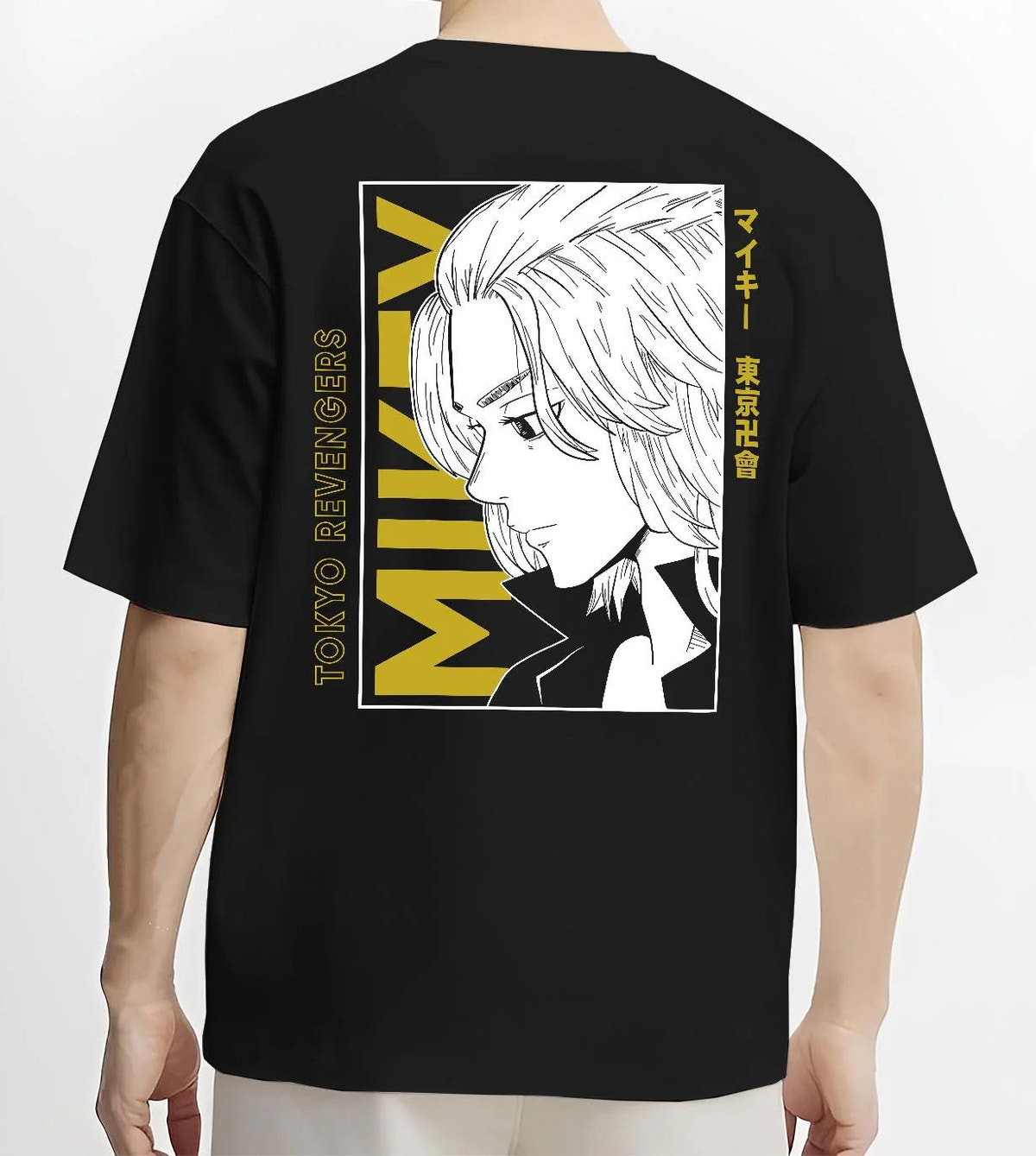 Black T-shirt worn by male model from the back featuring Manjiro Sano Mikey Toman leader Tokyo Revengers artwork.
