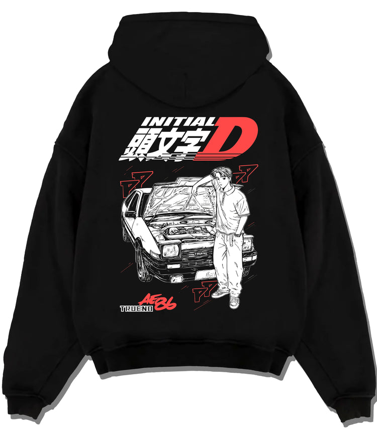 Black hoodie flat back view with Takumi Fujiwara with Toyota AE86 from Initial D illustrated back graphic