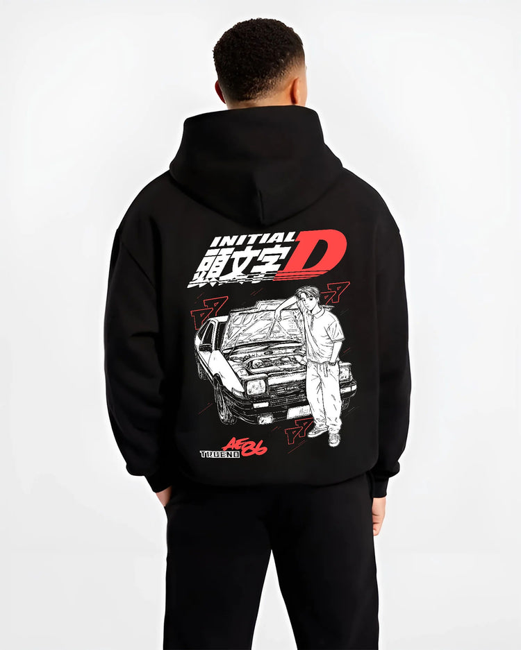 Black hoodie model back view with Takumi Fujiwara with Toyota AE86 from Initial D illustrated back graphic