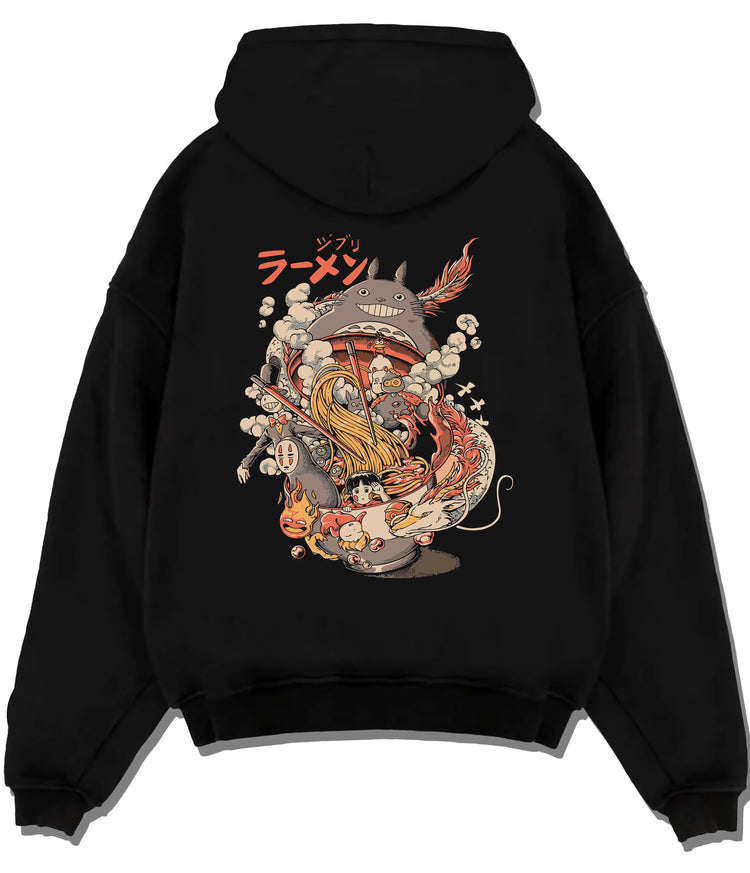 Totoro with Spirited Away characters eating ramen in Studio Ghibli crossover art on flat back hoodie design