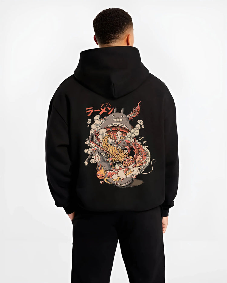 Totoro with Spirited Away characters eating ramen in Studio Ghibli crossover art on hoodie model back view