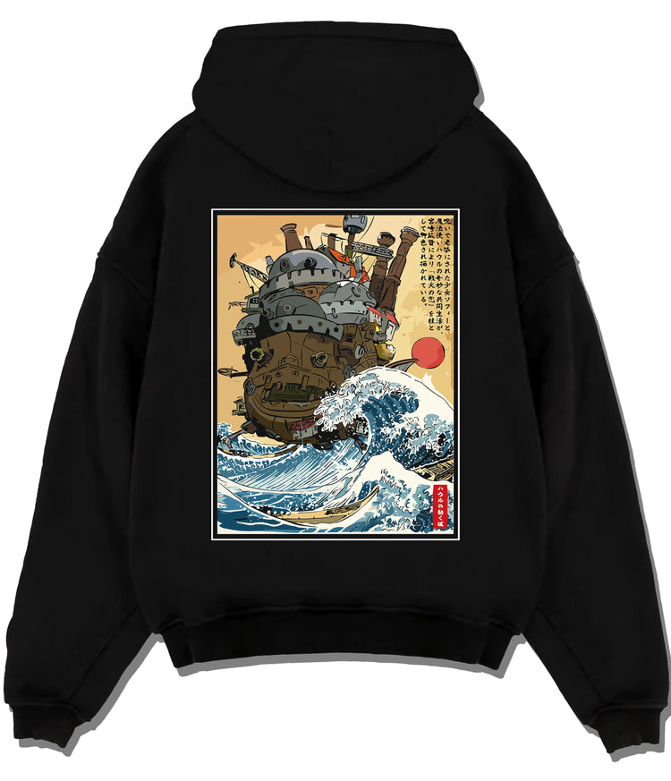 Black hoodie flat back view showing Howl's Moving Castle from Studio Ghibli: walking castle with wave motif