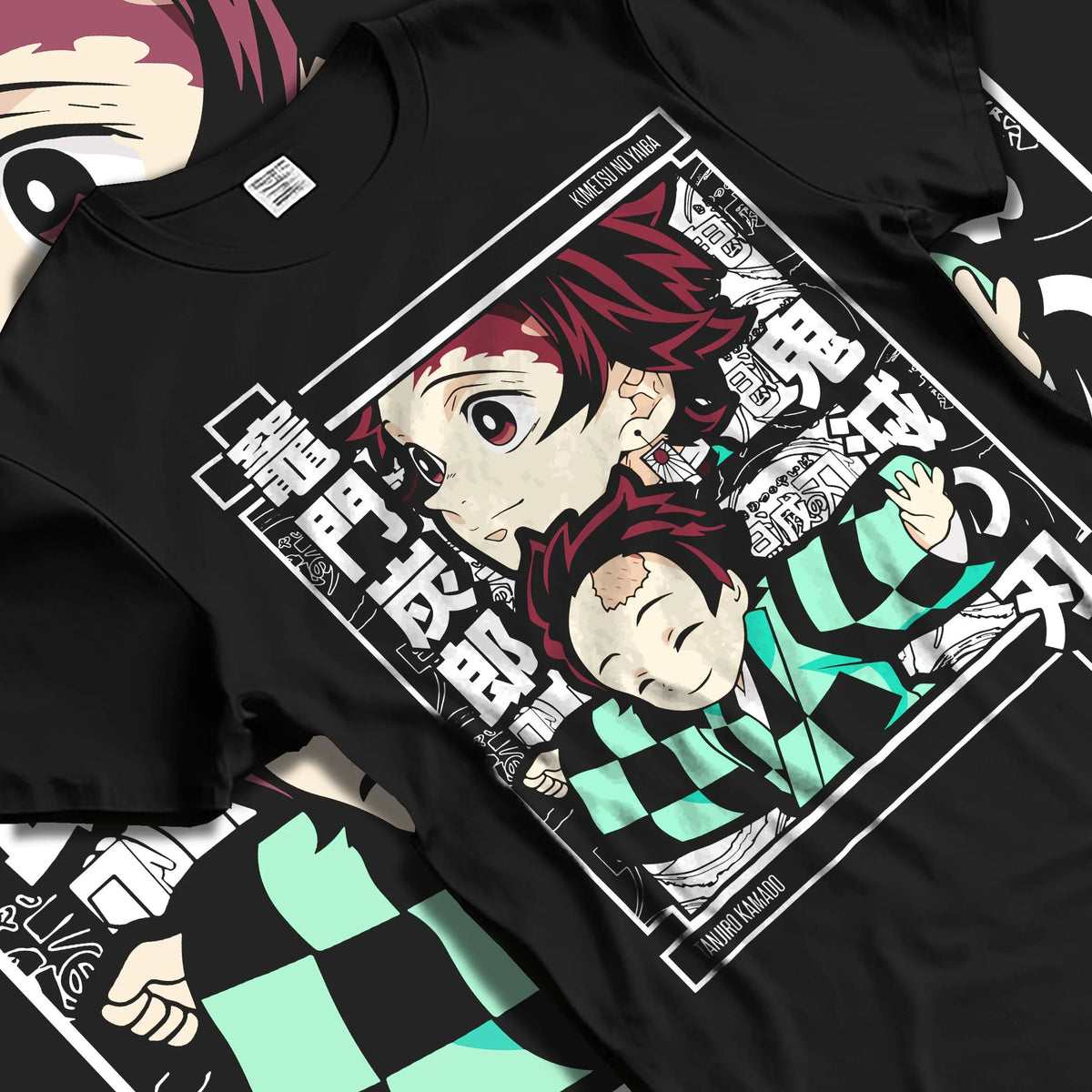 Black T-shirt laid flat with natural folds featuring Tanjiro Kamado chibi family Demon Slayer artwork.