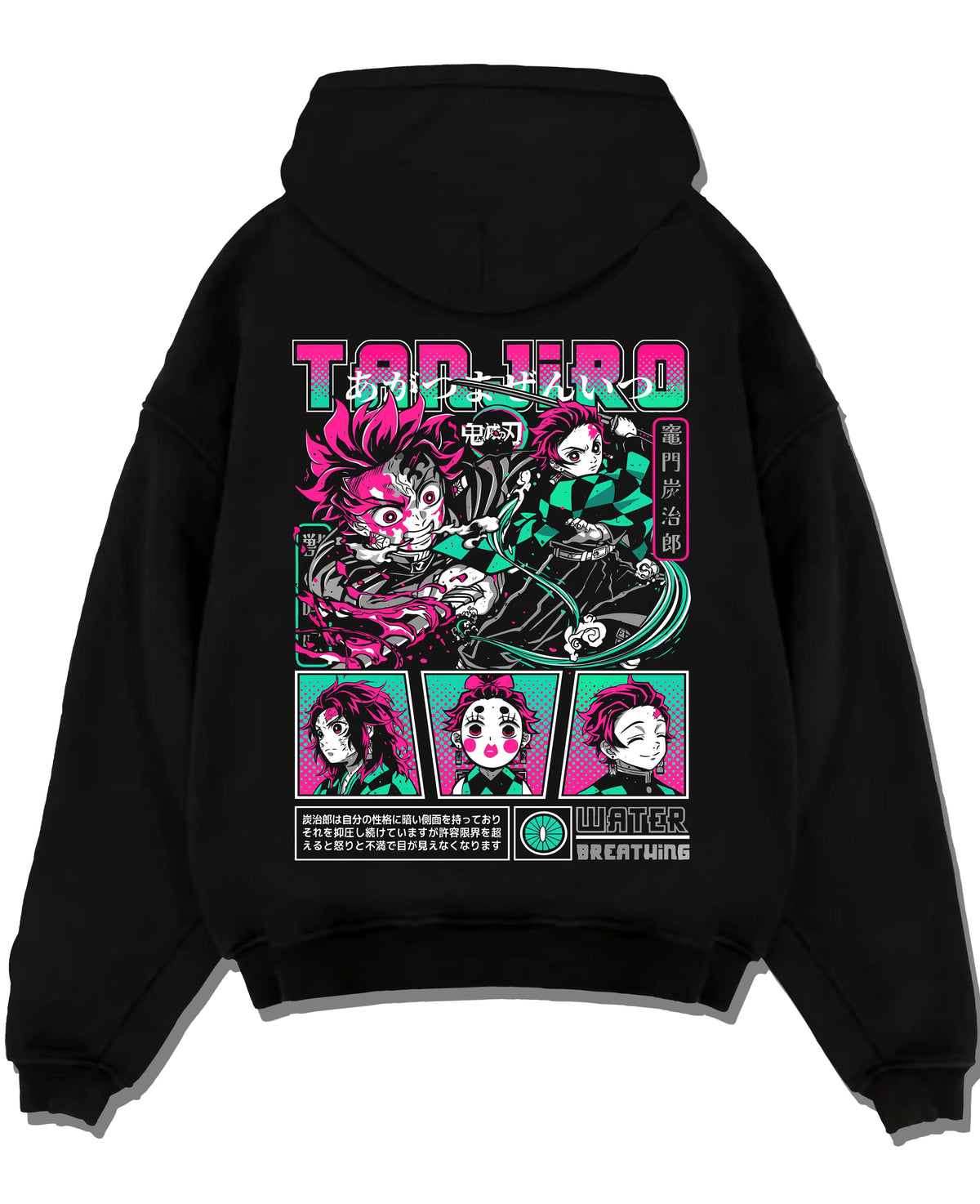 Black hoodie laid flat featuring Tanjiro Kamado Water Breathing sword Demon Slayer artwork.
