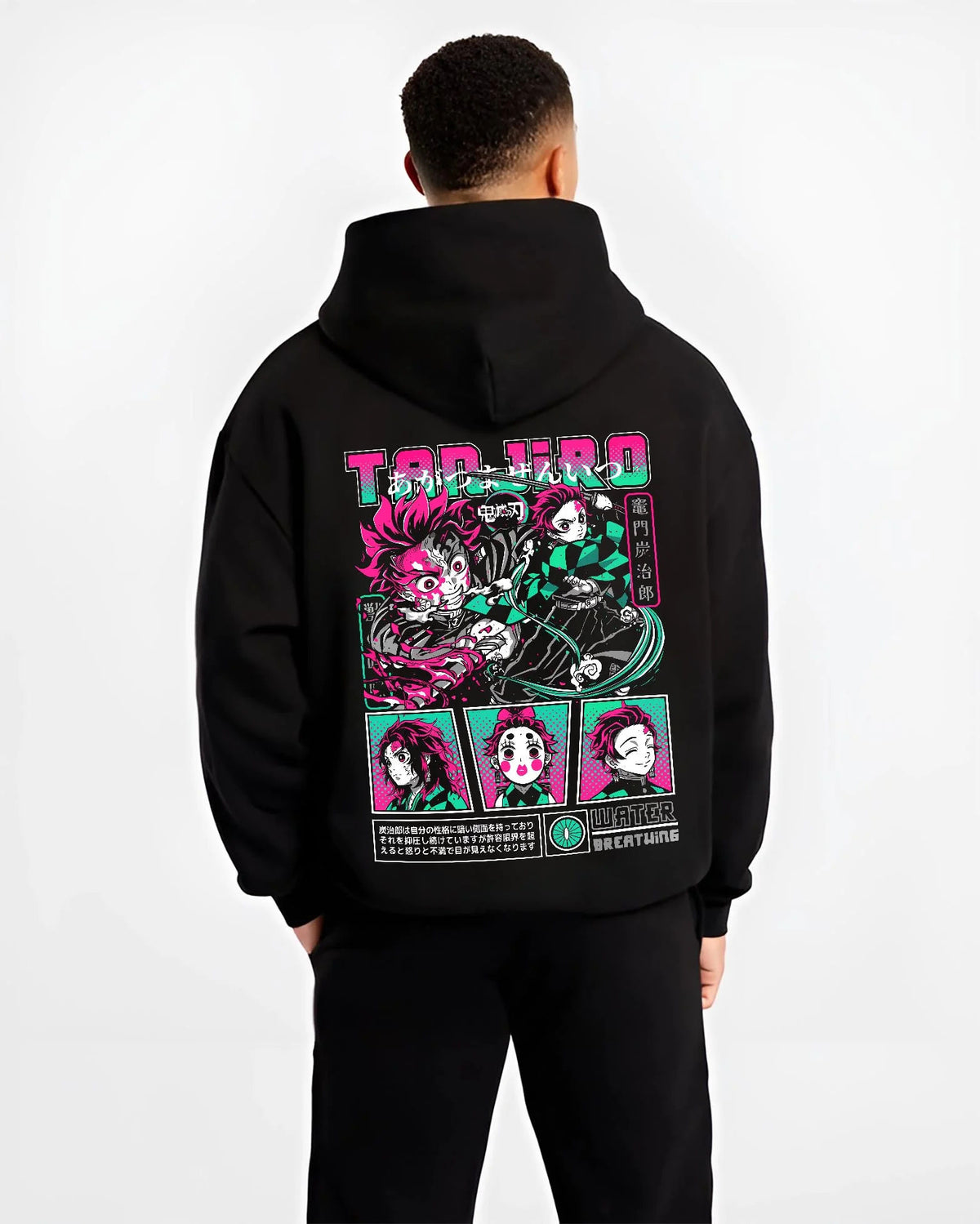 Black hoodie worn by male model from the back featuring Tanjiro Kamado Water Breathing sword Demon Slayer artwork.