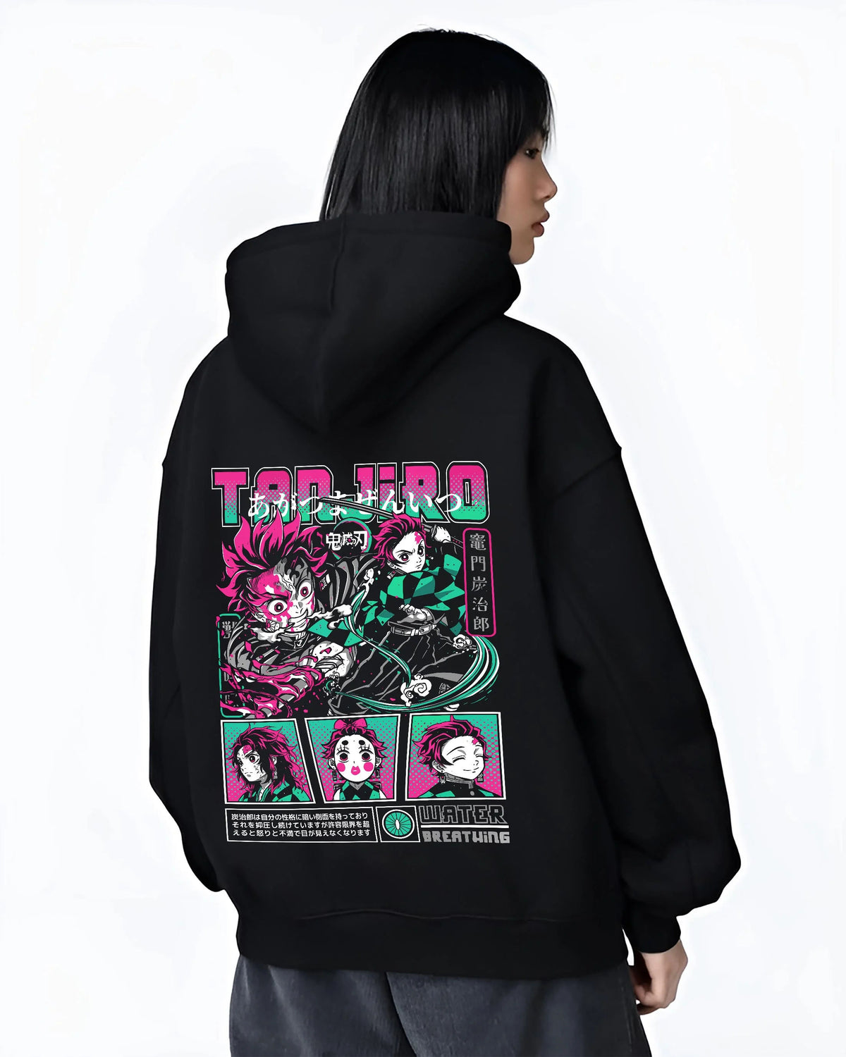 Black hoodie worn by female model from the back featuring Tanjiro Kamado Water Breathing sword Demon Slayer artwork.
