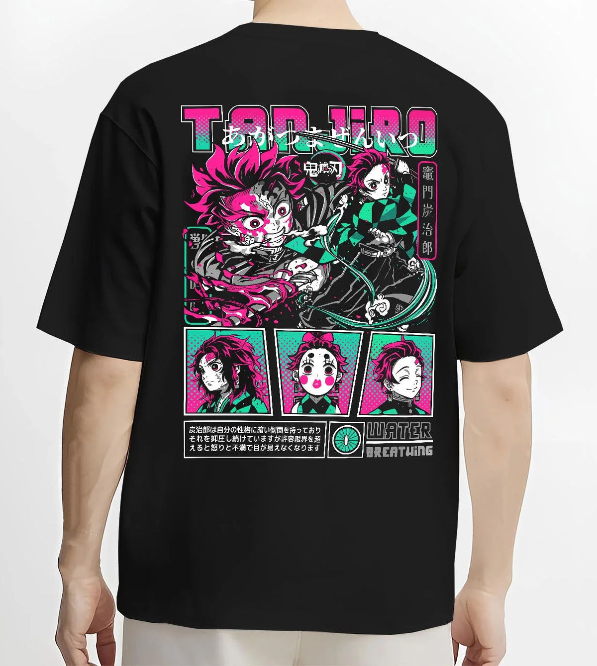 Black T-shirt worn by male model from the back featuring Tanjiro Kamado Water Breathing sword Demon Slayer artwork.
