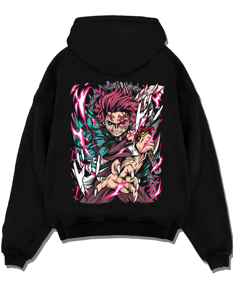 Black pullover hoodie laid flat with Tanjiro Hoodie Demon Slayer Hero Water Breathing graphic premium wear.