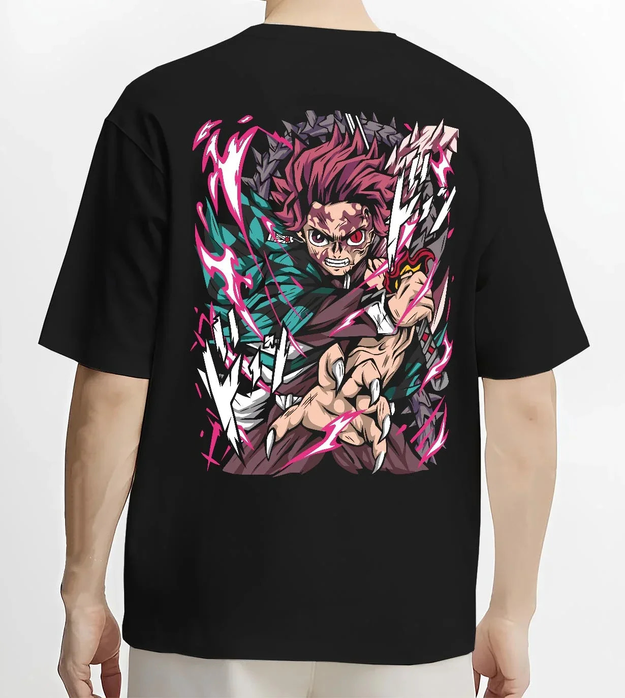 Black T-shirt worn by male model, back view with Tanjiro Hoodie Demon Slayer Hero Water Breathing graphic streetwear graphic.