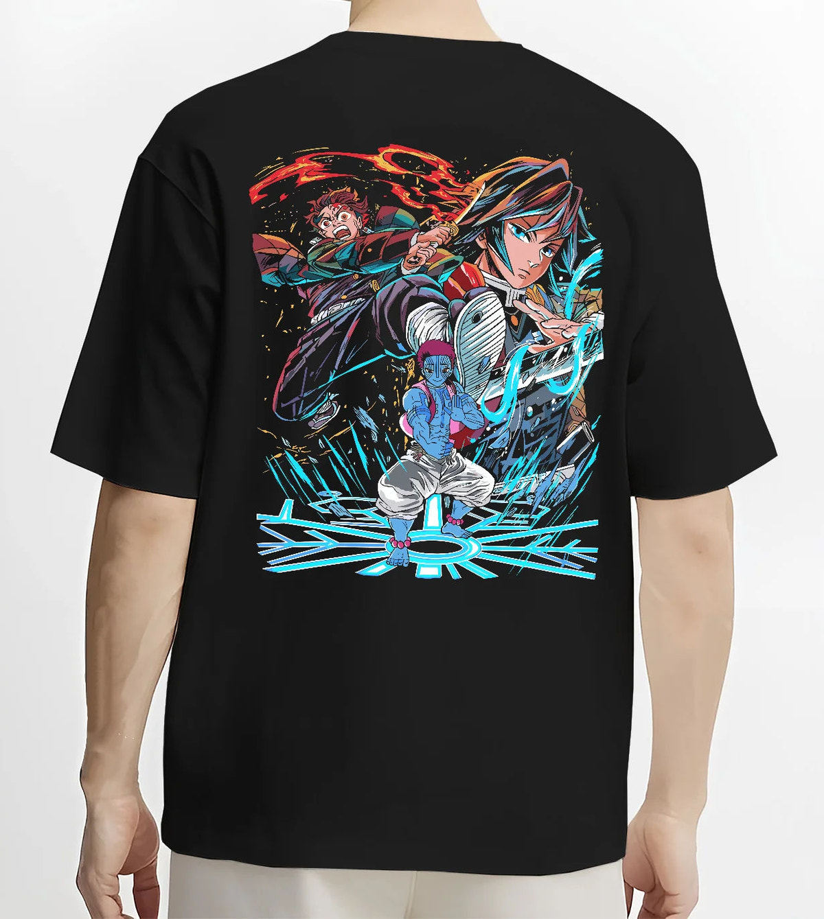 Black T-shirt model back view with Tanjiro / Giyu water-breathing artwork from Demon Slayer illustrated back graphic