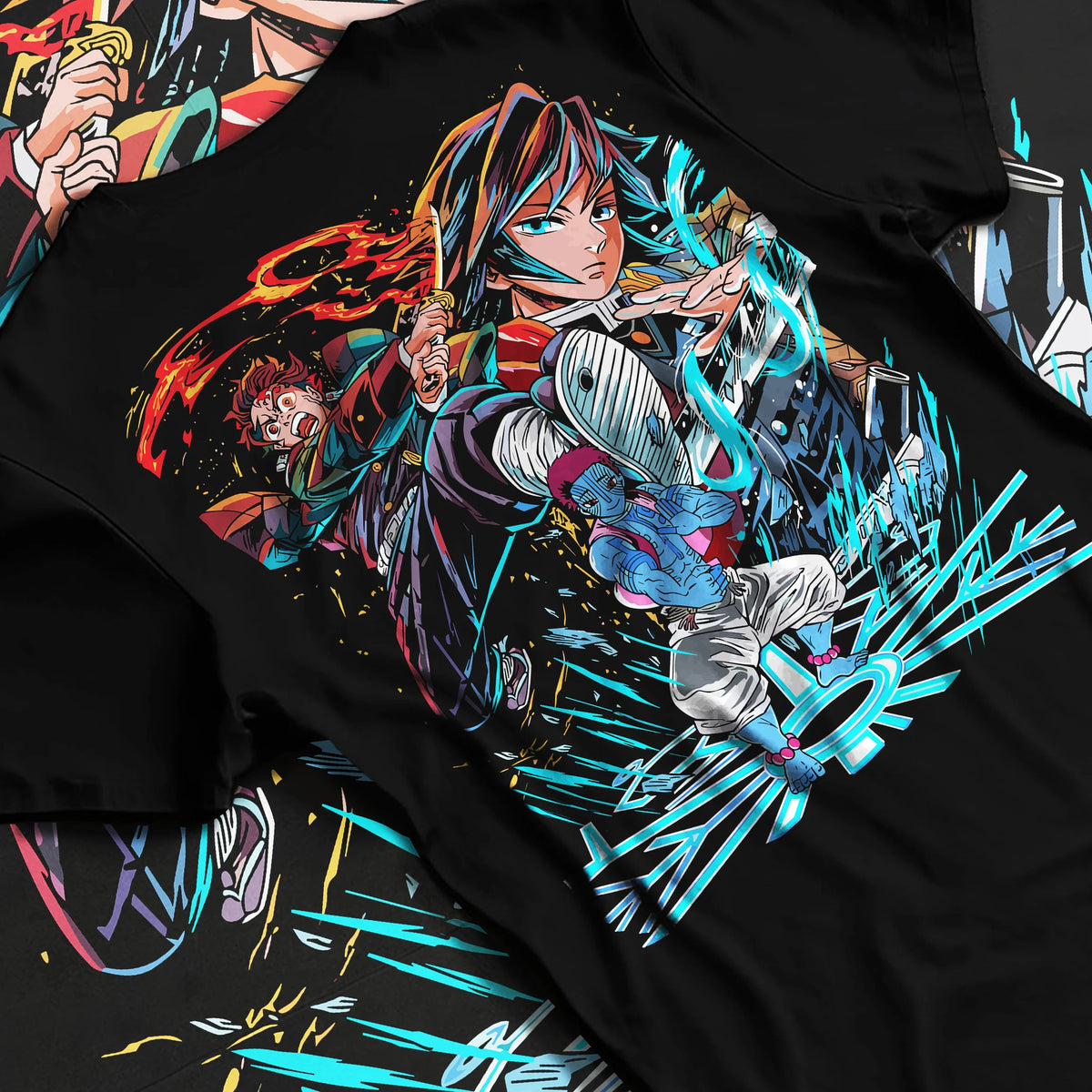 Black T-shirt flat back view with Tanjiro / Giyu water-breathing artwork from Demon Slayer illustrated back graphic