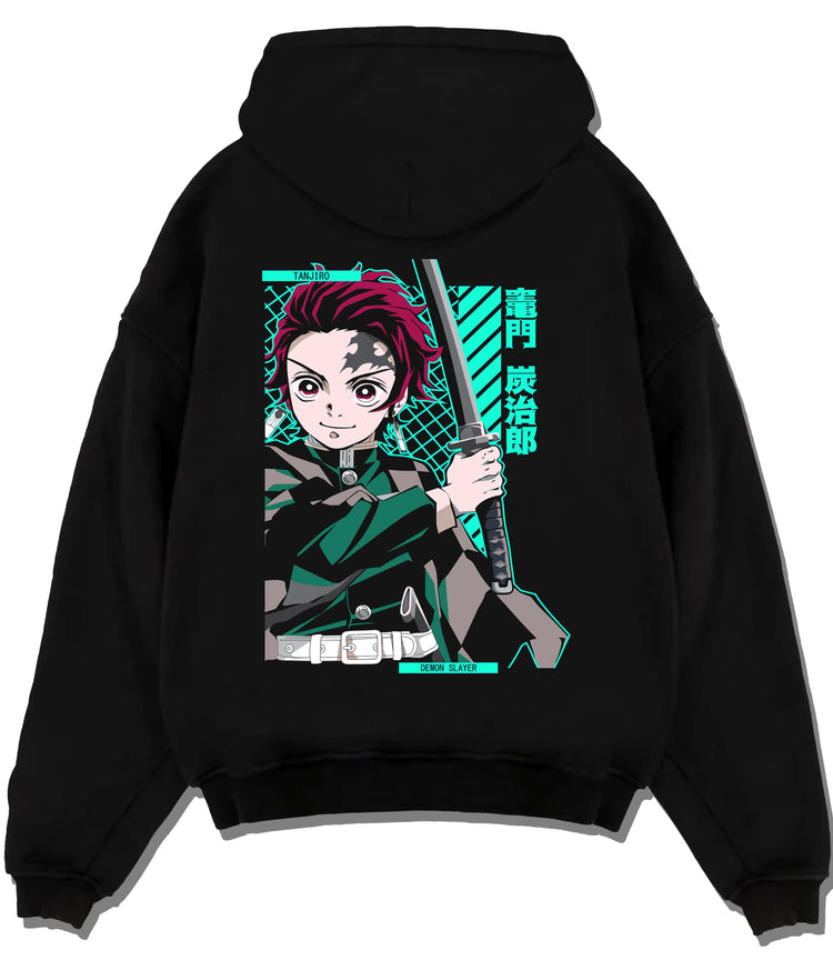 Black hoodie flat back view showing Tanjiro Kamado from Demon Slayer: sword stance