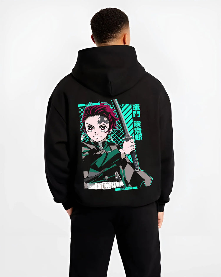Black hoodie model back view showing Tanjiro Kamado from Demon Slayer: sword stance