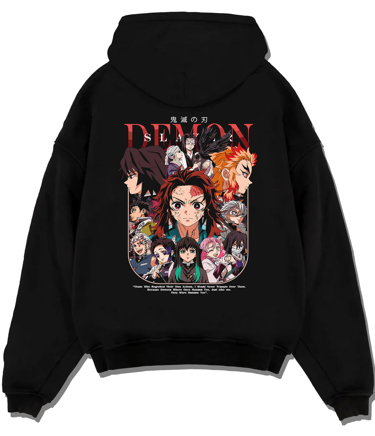Black hoodie flat back view with Demon Slayer character collage / poster illustrated back graphic