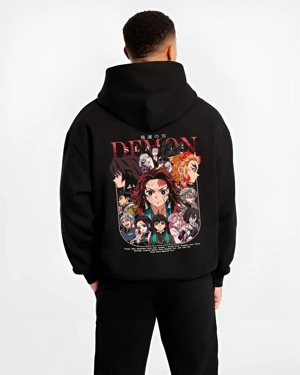 Black hoodie model back view with Demon Slayer character collage / poster illustrated back graphic