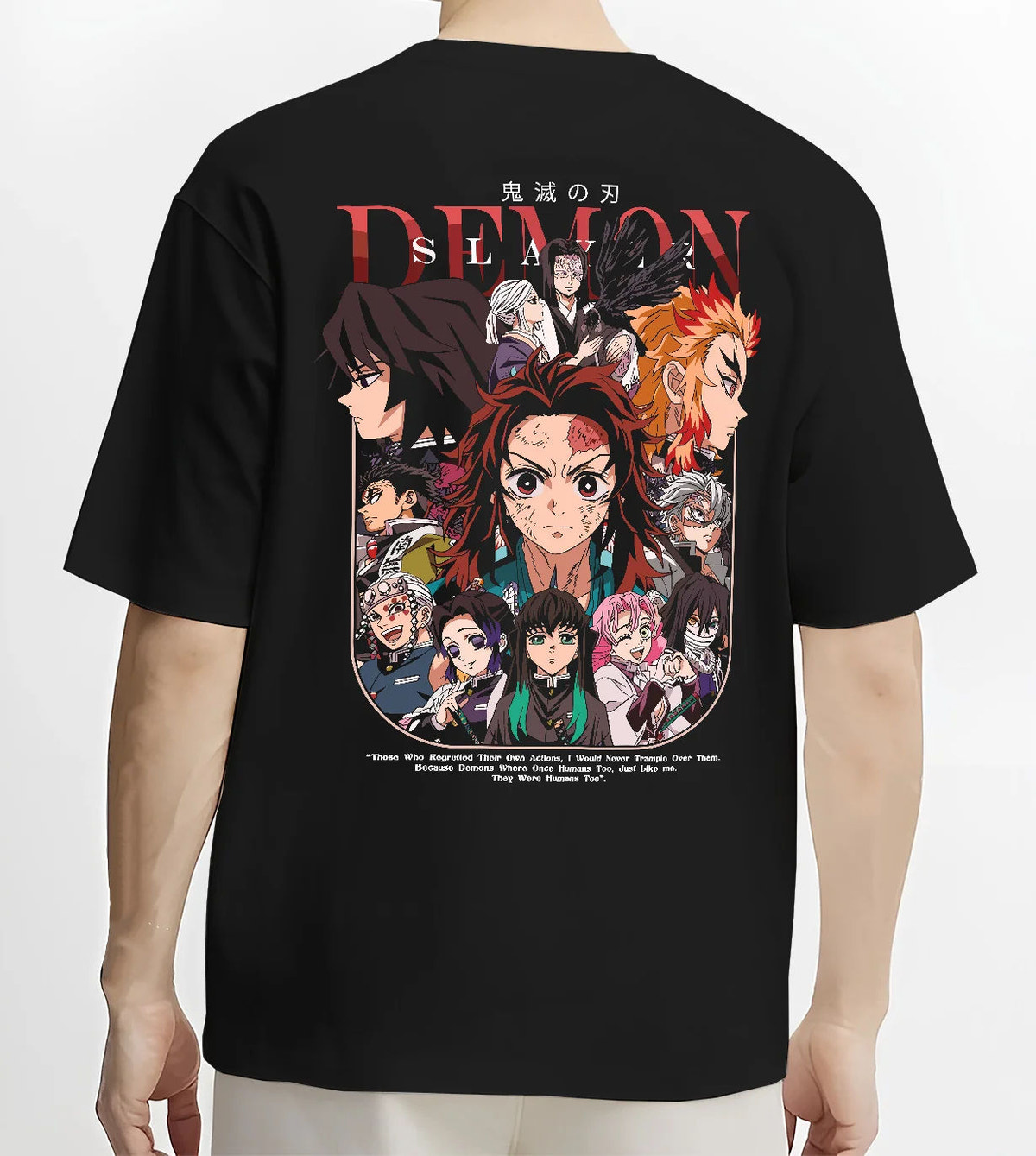 Black T-shirt model back view with Demon Slayer character collage / poster illustrated back graphic