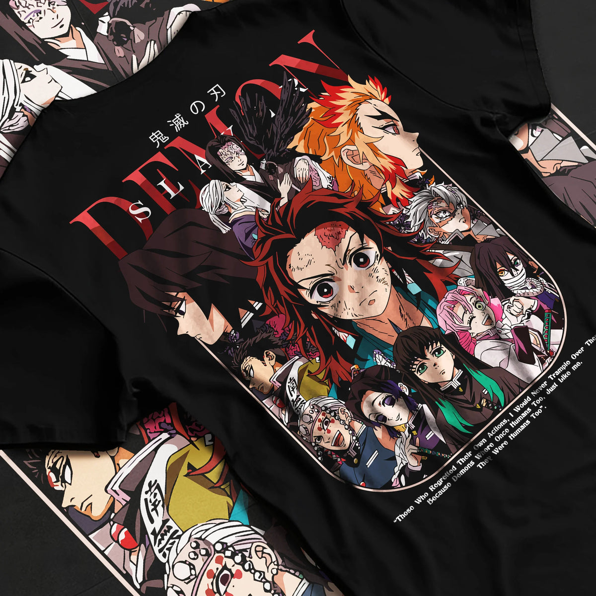 Black T-shirt flat back view with Demon Slayer character collage / poster illustrated back graphic