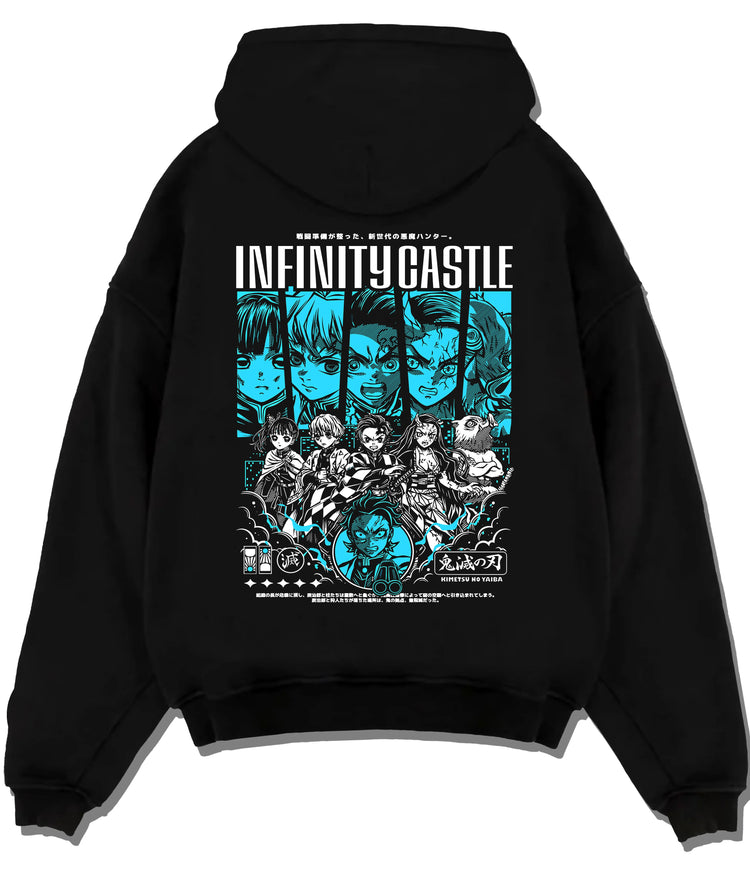 Black hoodie flat back view with Demon Slayer Infinity Castle ensemble illustrated back graphic