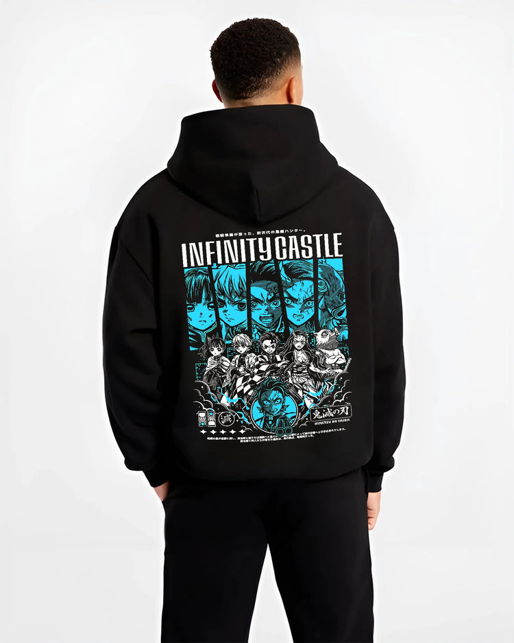 Black hoodie model back view with Demon Slayer Infinity Castle ensemble illustrated back graphic