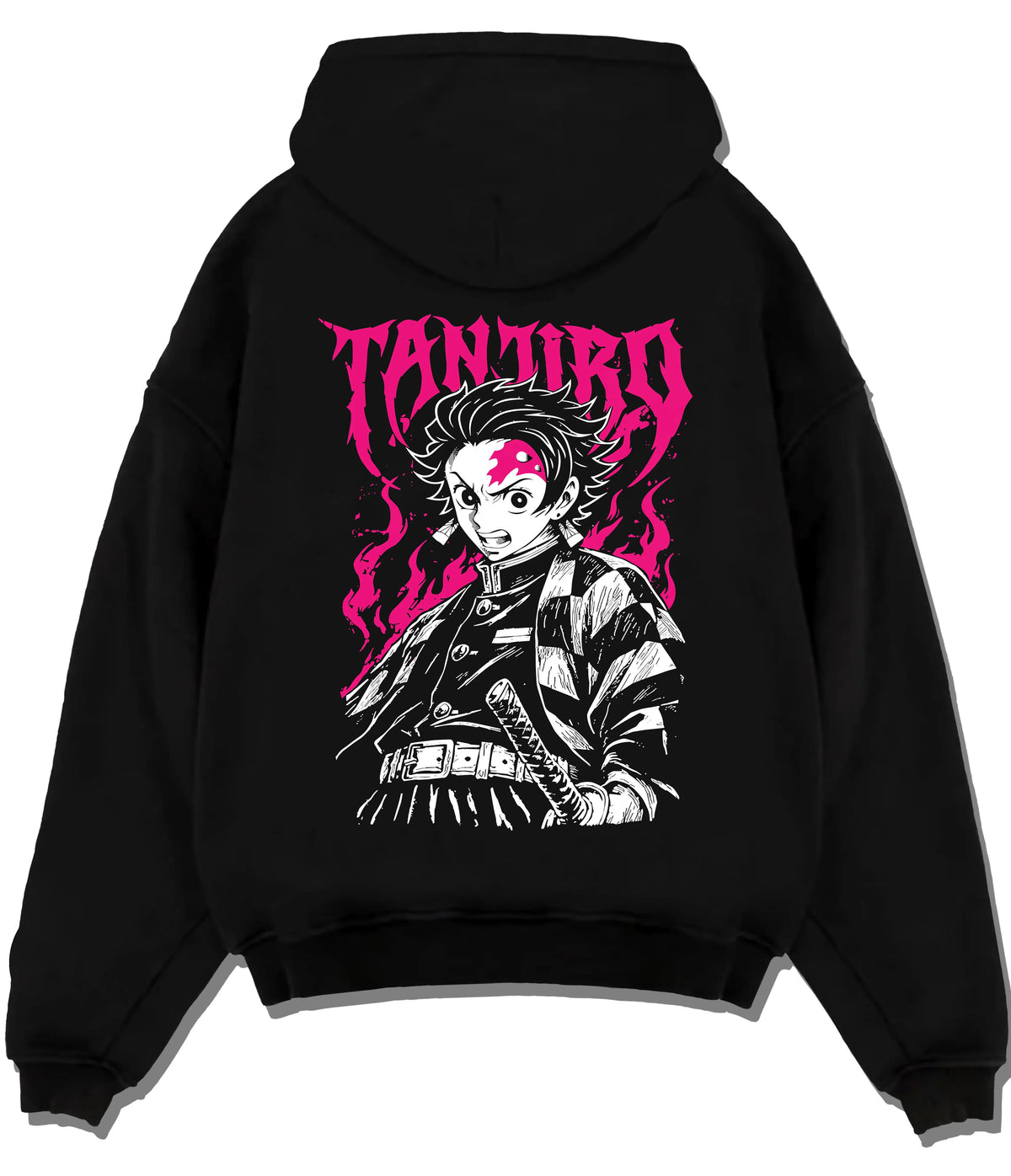 Black hoodie flat back view showing Tanjiro Kamado from Demon Slayer: katana monochrome and magenta