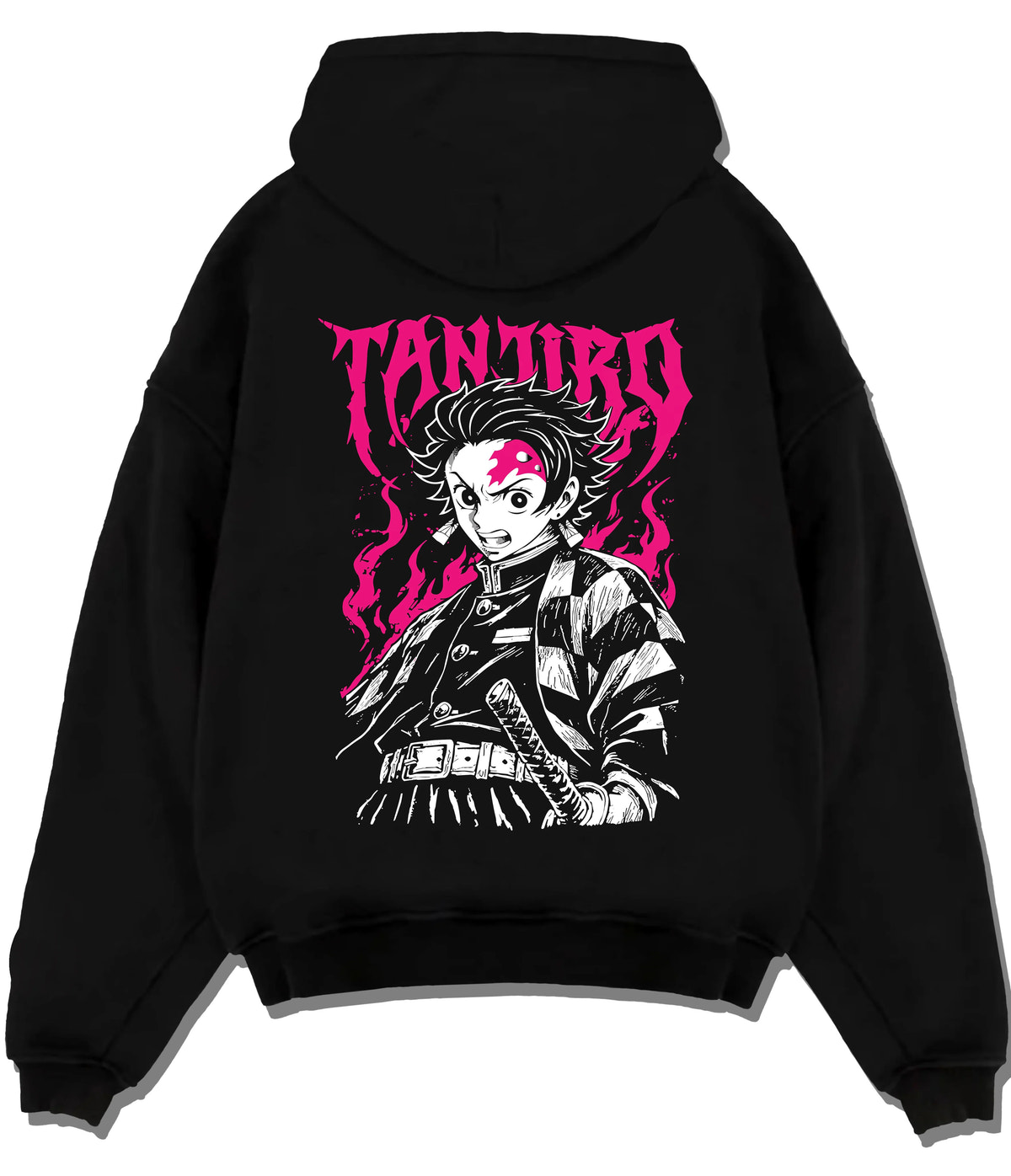 Black hoodie flat back view showing Tanjiro Kamado from Demon Slayer: katana monochrome and magenta