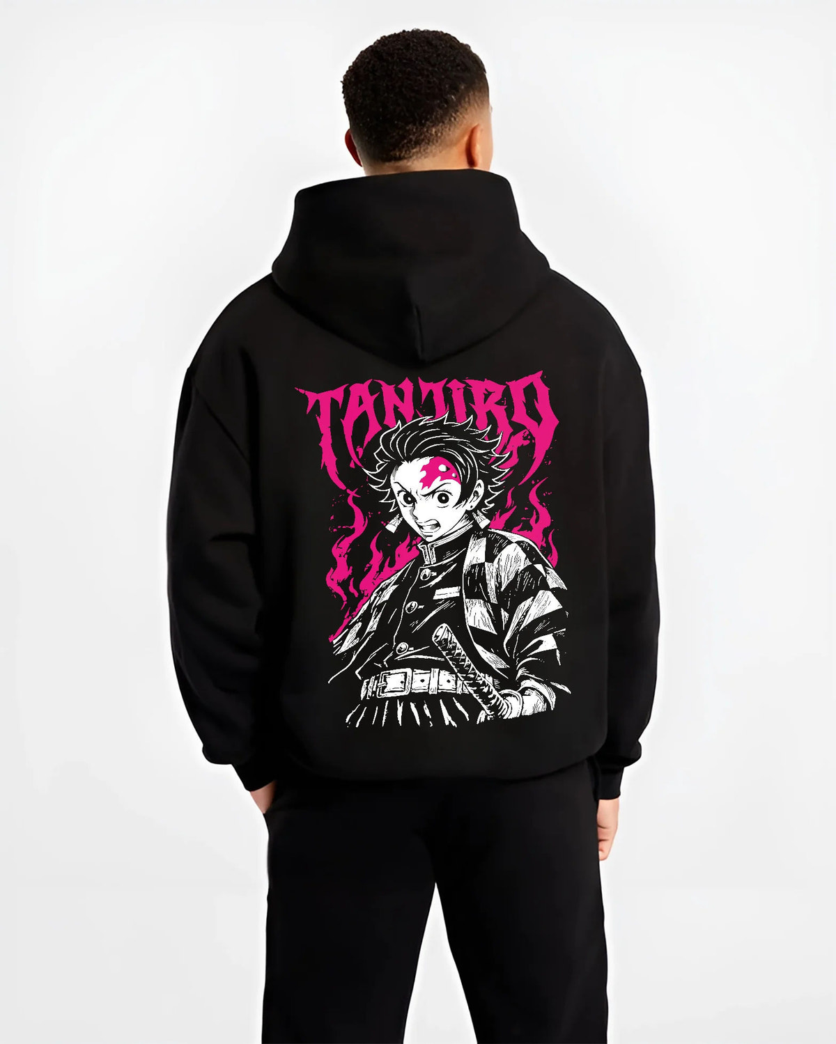Black hoodie model back view showing Tanjiro Kamado from Demon Slayer: katana monochrome and magenta