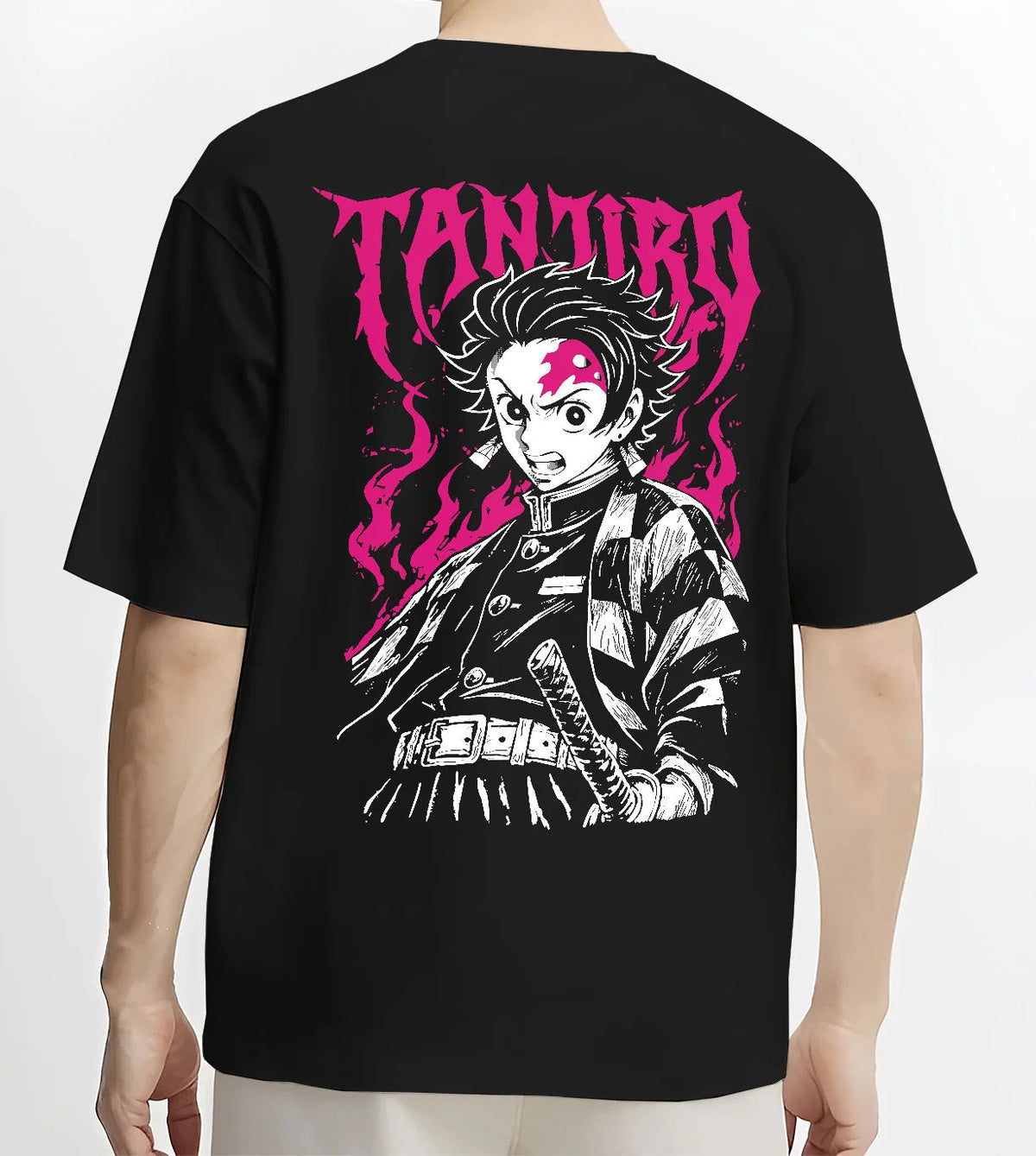 Black T-shirt model back view showing Tanjiro Kamado from Demon Slayer: katana monochrome and magenta