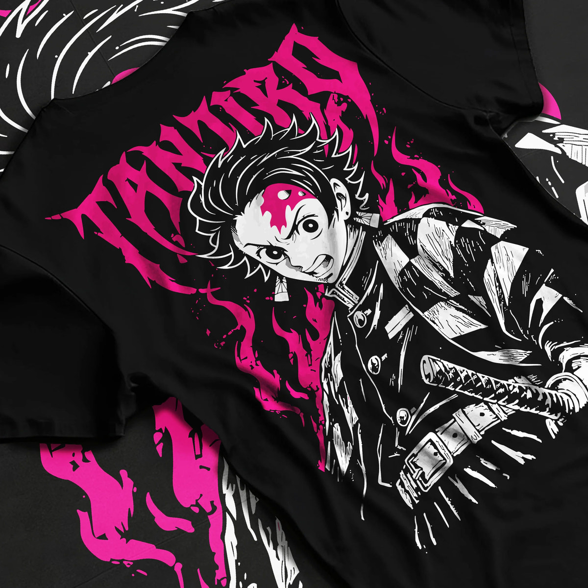 Black T-shirt flat back view showing Tanjiro Kamado from Demon Slayer: katana monochrome and magenta