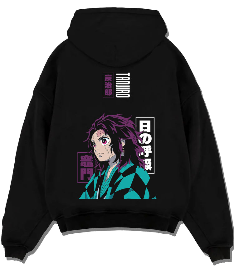 Black hoodie flat back view showing Tanjiro Kamado from Demon Slayer: side profile
