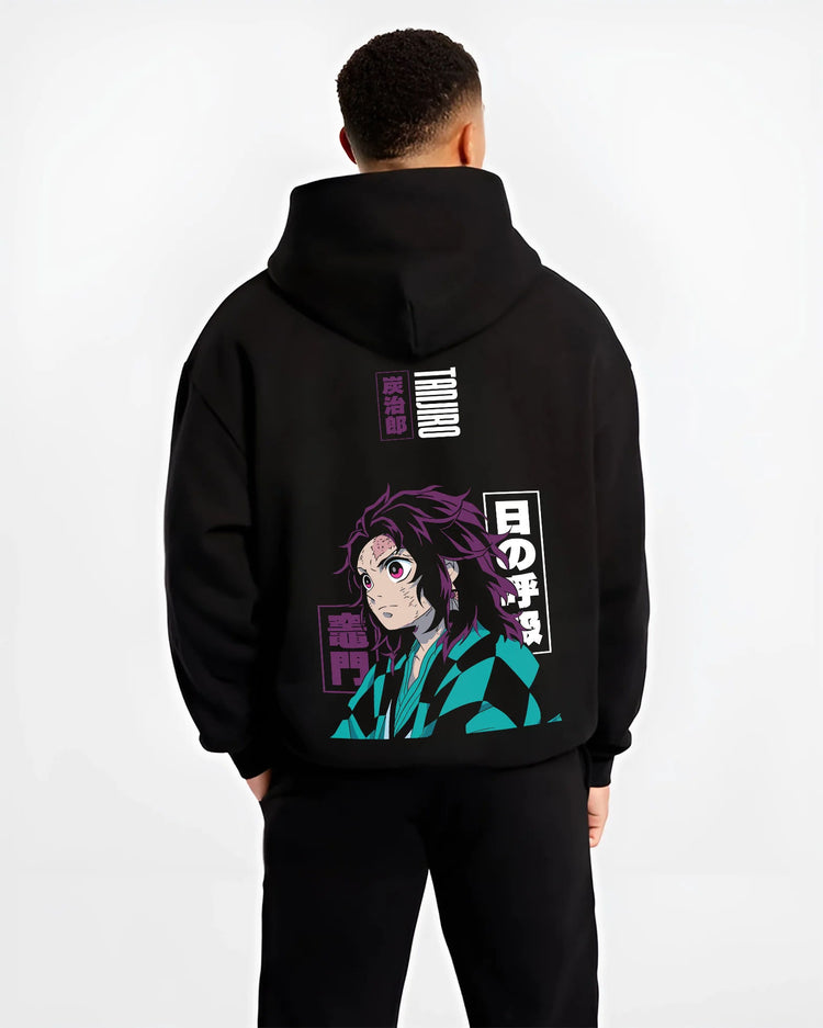 Black hoodie model back view showing Tanjiro Kamado from Demon Slayer: side profile