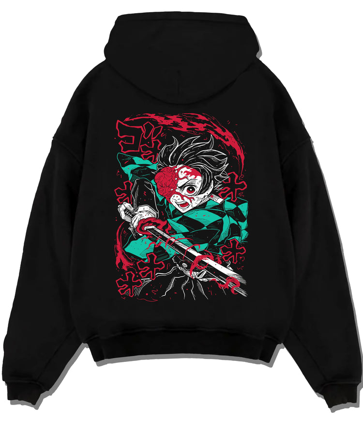Black hoodie flat back view showing Tanjiro Kamado from Demon Slayer: sword and water breathing