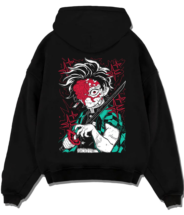 Black hoodie flat back view showing Tanjiro Kamado from Demon Slayer: red face and sword close-up