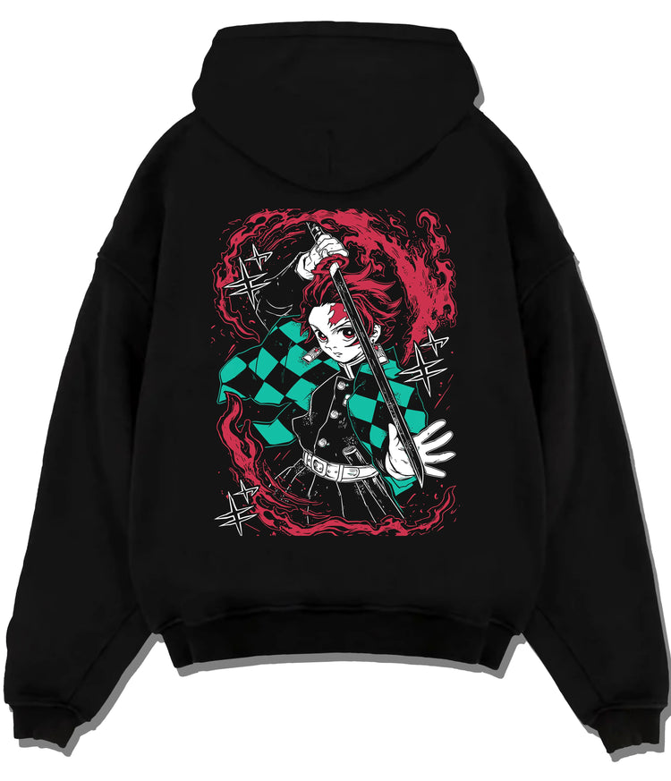 Black hoodie flat back view showing Tanjiro Kamado from Demon Slayer: dynamic red-black composition