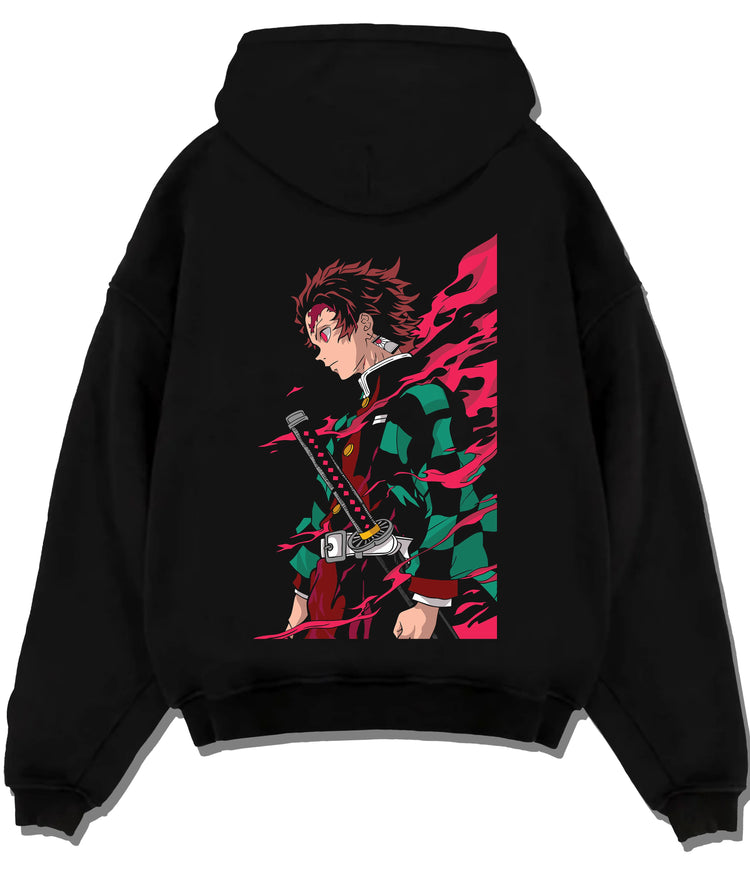 Black hoodie flat back view showing Tanjiro Kamado from Demon Slayer: sword and side profile