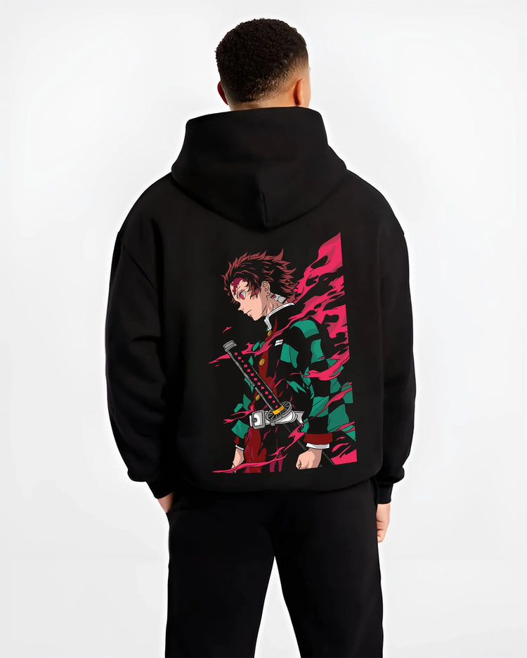 Black hoodie model back view showing Tanjiro Kamado from Demon Slayer: sword and side profile
