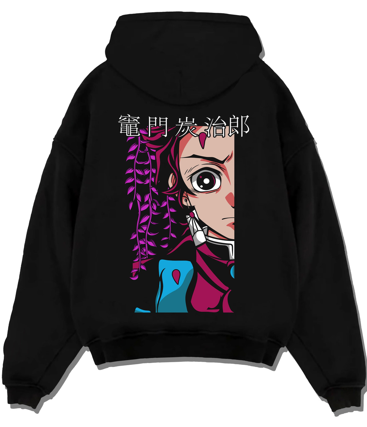 Black hoodie flat back view showing Tanjiro Kamado from Demon Slayer: split portrait