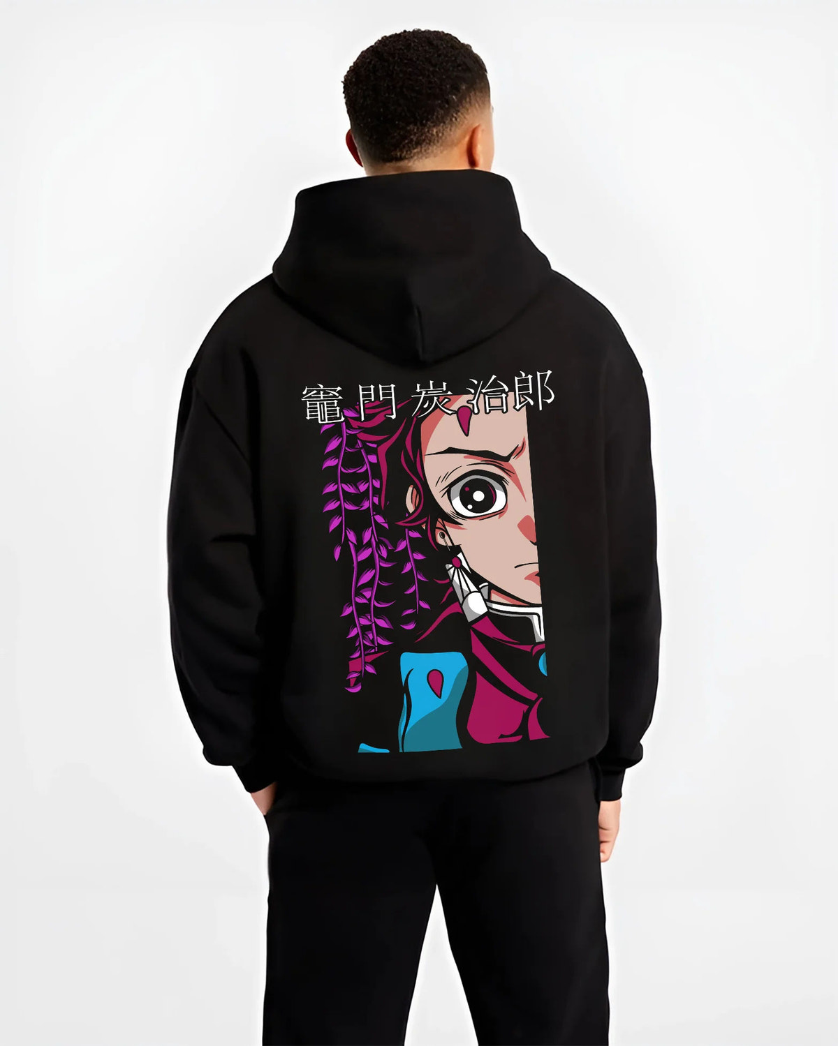 Black hoodie model back view showing Tanjiro Kamado from Demon Slayer: split portrait