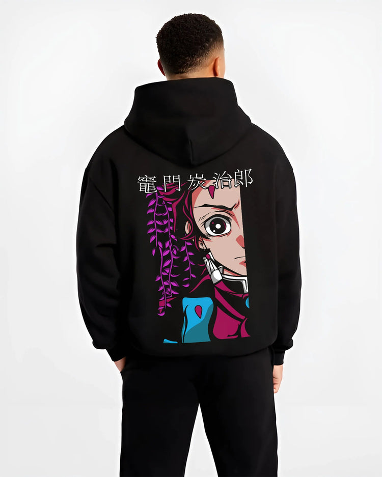 Black hoodie model back view showing Tanjiro Kamado from Demon Slayer: split portrait