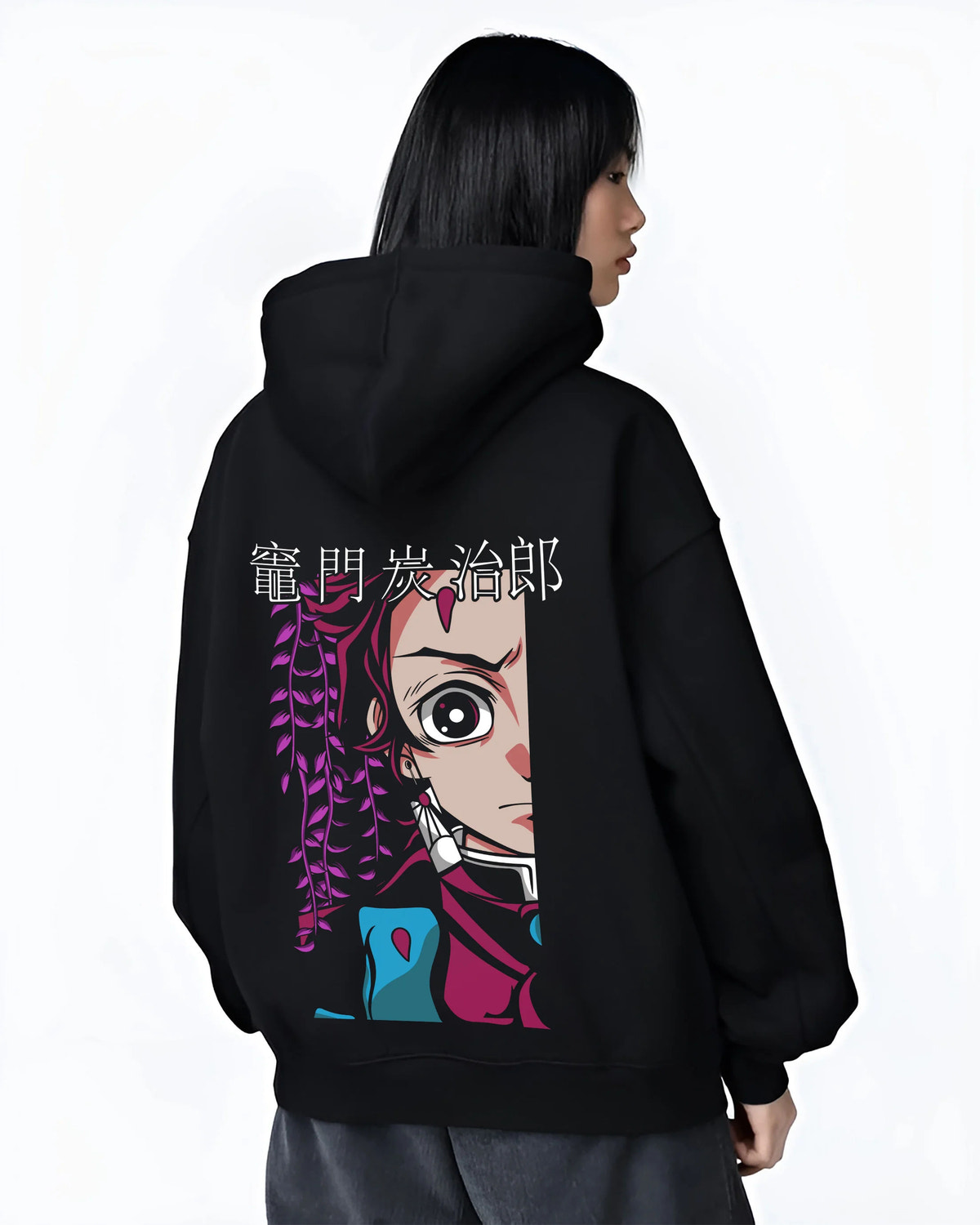 Black hoodie female model back view showing Tanjiro Kamado from Demon Slayer: split portrait